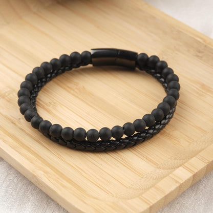Stone of Protection, Matte Black Onyx & Leather Bracelet for Men, Bold Gemstone Wristband Gift for Boyfriend or Him | Titanium Lock