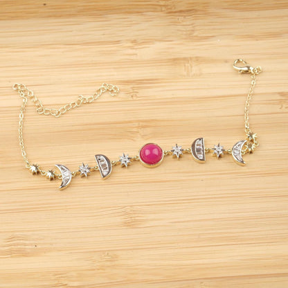 Pink Moon & Star Charm Bracelet for Women, Gold Celestial Jewelry with Soft Pink Accent Stone, Romantic Gift for Her, 22cm / 8.66in