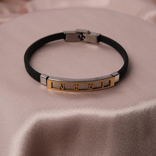Leather Detailed Gold Roman Numerals Bracelet for Men & 22 cm, Elegant Design, Sleek Modern Look | Durable Jewelry for Him | Great Gift Idea