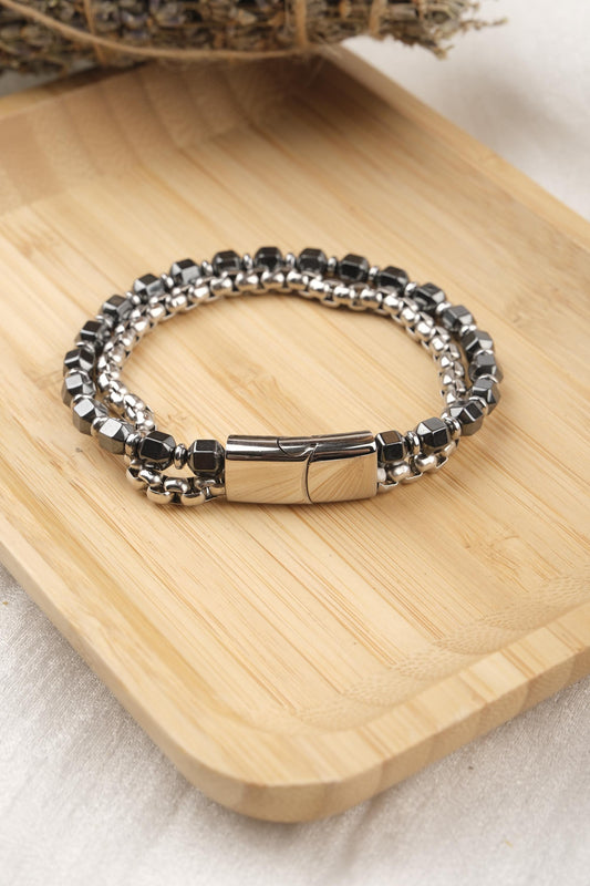 Silver Modern Masculinity, Black and Silver Hematite Bracelet for Men, Gemstone Wristband, Minimalist Gift for Him