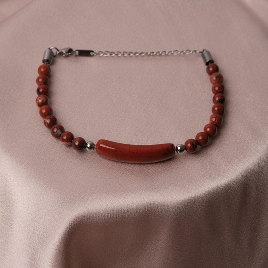 Red Classic Gemstone Bracelet with Silver Cord  Stainless Steel Gift for Men, Tough and Timeless Style, Cool Masculine Jewelry Gift for Men