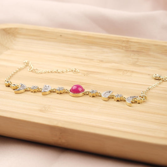 Pink Moon & Star Charm Bracelet for Women, Gold Celestial Jewelry with Soft Pink Accent Stone, Romantic Gift for Her, 22cm / 8.66in