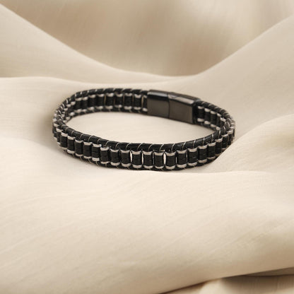 Handmade Hematite & Genuine Leather Men's Bracelet, Bold Black , Titanium Lock, Elegant Statement Piece | 22 cm (8.66 in) gift