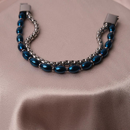 Half Blue Stone & Half Silver Stainless Steel Bracelet –Thick Chain Design for Men | Durable Wristwear | Bold Statement Piece | Gift for Him
