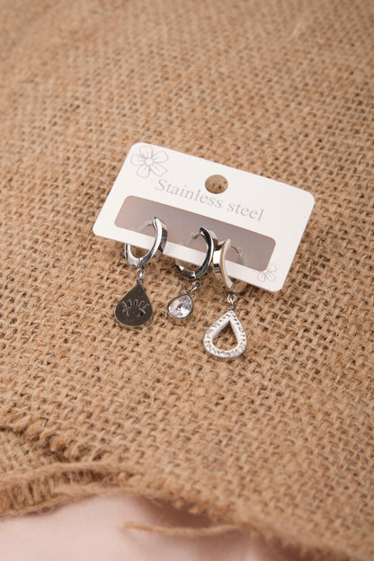 Silver Eye, Drop And Diamond Earrings Set Of 6, Refined Hypoallergenic Jewelry For Women, Symbolic Minimalism In Brass