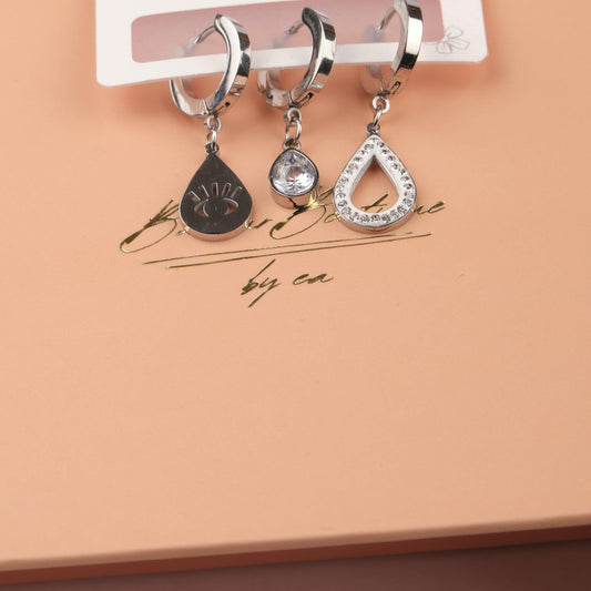 Silver Eye, Drop And Diamond Earrings Set Of 6, Refined Hypoallergenic Jewelry For Women, Symbolic Minimalism In Brass