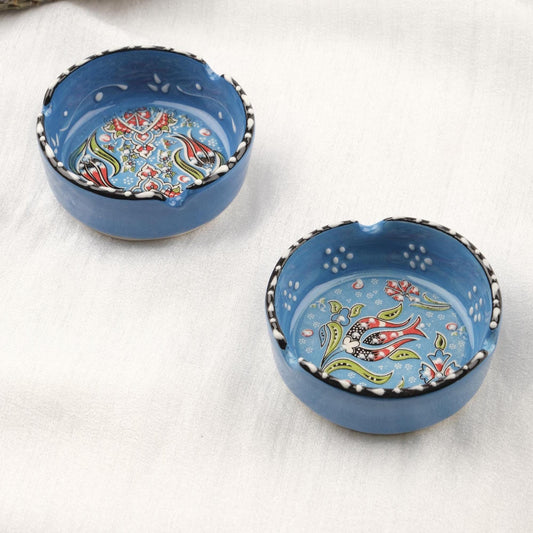 Buy1 Get1 | Blue Ceramic Ashtray Set with Vintage Lids, Handmade Small Smoking Trays, Classic Antique Style Decorative Ashtray Gifts