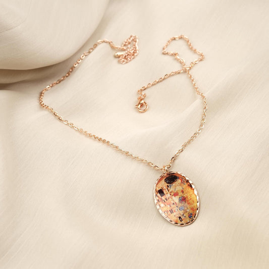 Gustav Klimt "The Kiss" Necklace in Pure Copper, Artistic Pendant & Adjustable Chain | Handmade Antique Looking Vintage Style Gift