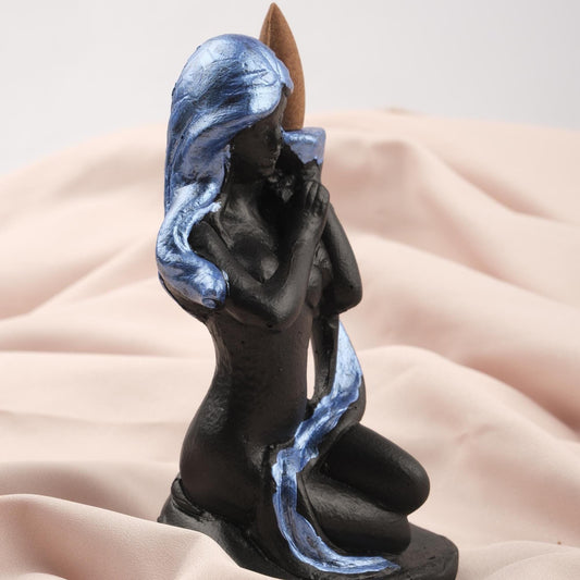Women Figure Backflow Incense Holder, 17 cm and 6.7 in | Unique Resin Smoke Fountain, Spiritual Decor, Meditation Gift, Navy Blue & Black