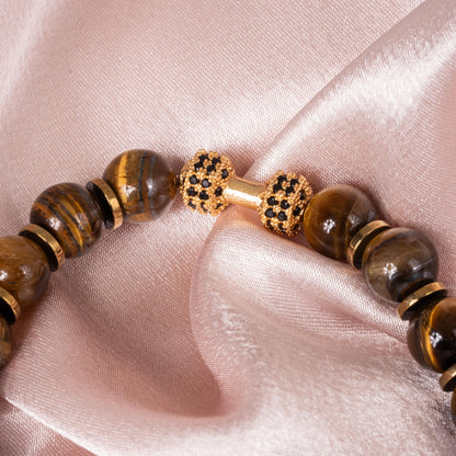 Gold Dumbbell Tiger Eye Bracelet for Him, Unique Gift Sacral Chakra Protection Gemini,Scorpio, Taurus, Cancer, Hematite Gym Bracelet for Men