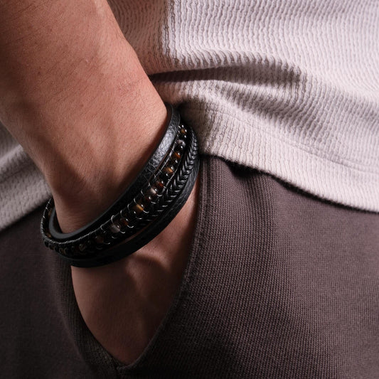 Black Leather & Tiger Eye Gemstone Men's Bracelet 22cm – Bold Braided Design with Natural Stone Accent, Durable Genuine Leather Wristwear
