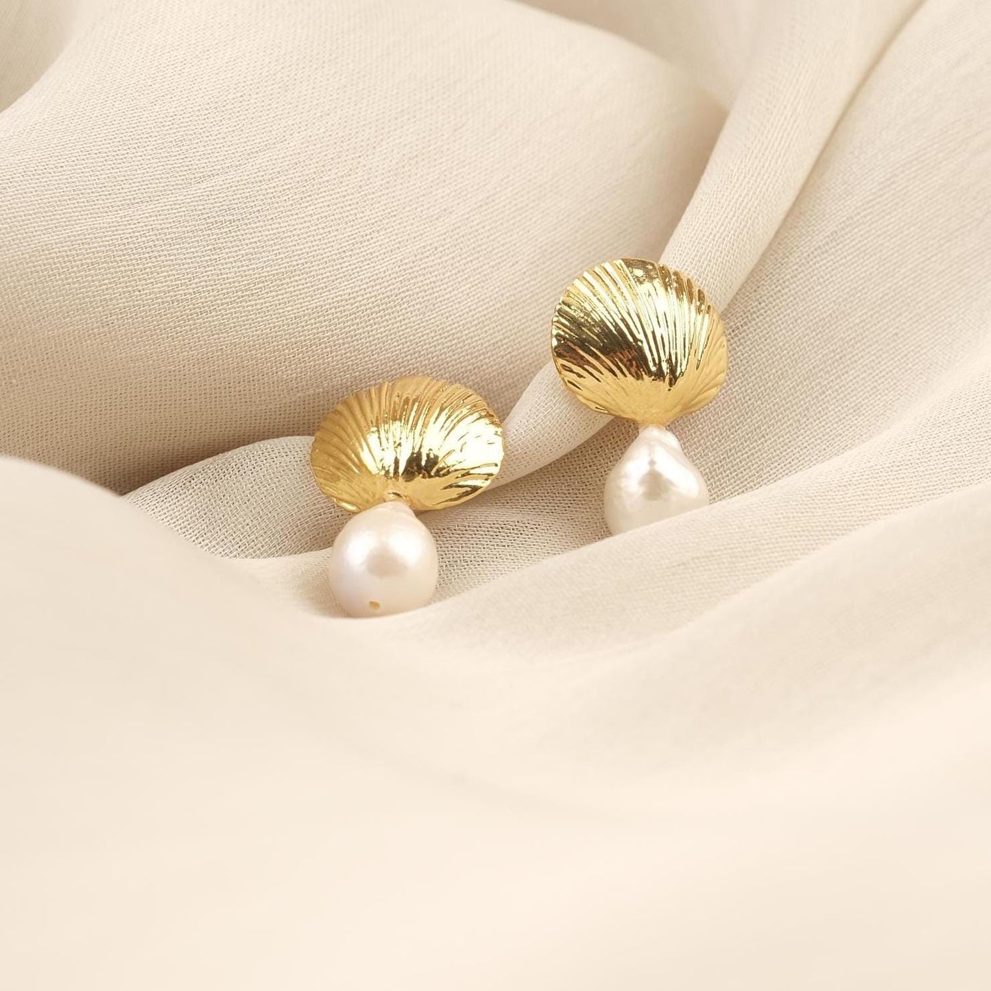 Handmade Genuine Pearl Shell Stud Earrings, Gold Plated Sea-Inspired Design with Real Freshwater Pearls, Elegant Vintage Style Gift Idea