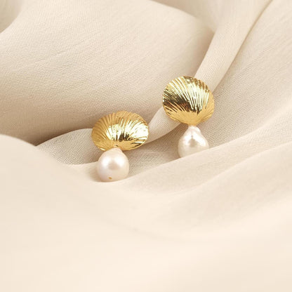 Handmade Genuine Pearl Shell Stud Earrings, Gold Plated Sea-Inspired Design with Real Freshwater Pearls, Elegant Vintage Style Gift Idea