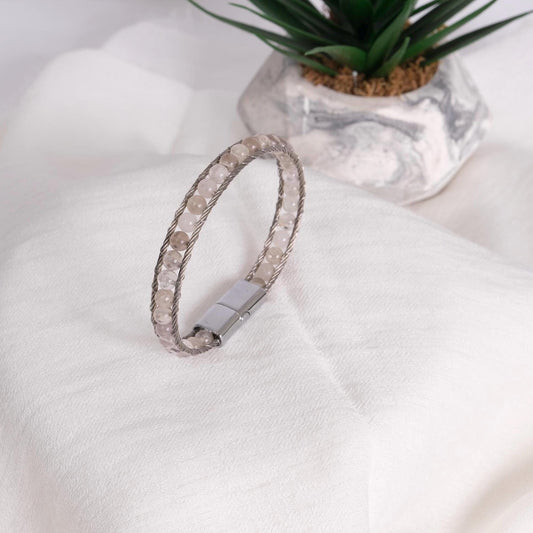 Silver & White Gemstone Wrapped Men's Bracelet in Silver 22cm Genuine Leather , Gemstone, Durable, Stylish Gift for Him