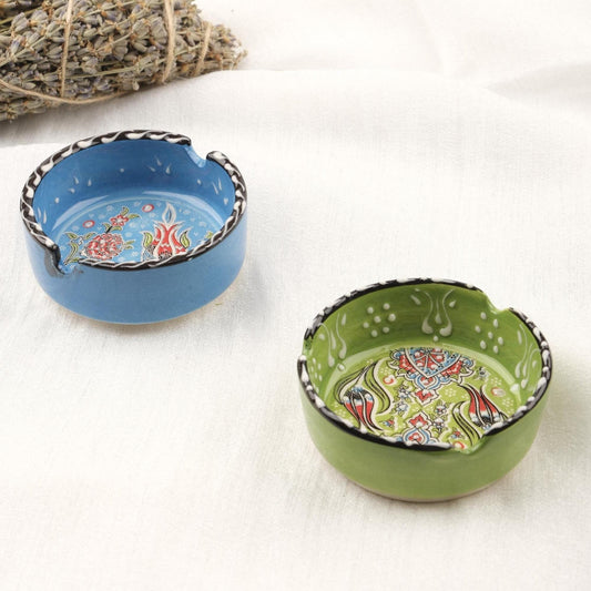 Buy1 Get1 | Green & Blue Ceramic Ashtray Set with Vintage Lids, Handmade Small Smoking Trays, Elegant Antique Style Decorative Ashtrays