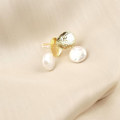 Handmade Gold Plated Stud Earrings with Genuine Freshwater Pearl, Antique Looking Dome Design, Elegant Artistic Minimal Jewelry Gift for her