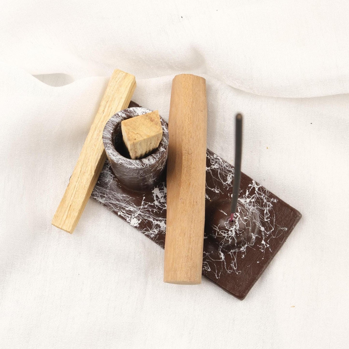 Brown And White Epoxy Marble Design Palo Santo Holder | Spiritual Tray For Energy Or Aromatherapy | 13x7x8cm Meditation Ash Catcher Gift