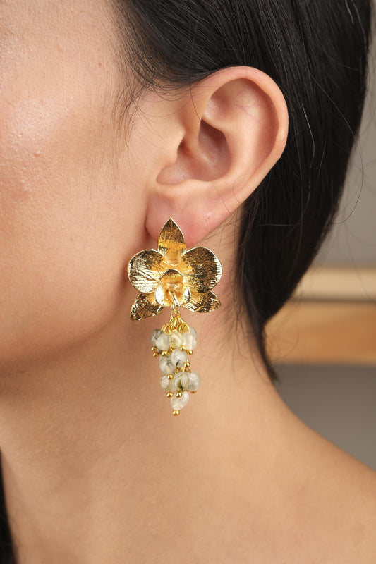 Prenhite Handmade Gold Plated Floral Stud Earrings With Gemstone Grapes, Artistic Botanical Jewelry, Statement Design For Elegant Looks