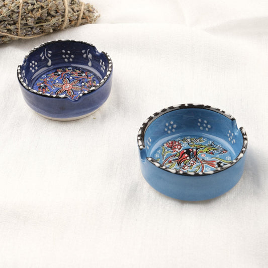Buy1 Get1 | Blue & Navy Blue Ceramic Ashtray Set with Vintage Lids, Handmade Small Smoking Trays, Elegant Antique Style Decorative Ashtrays