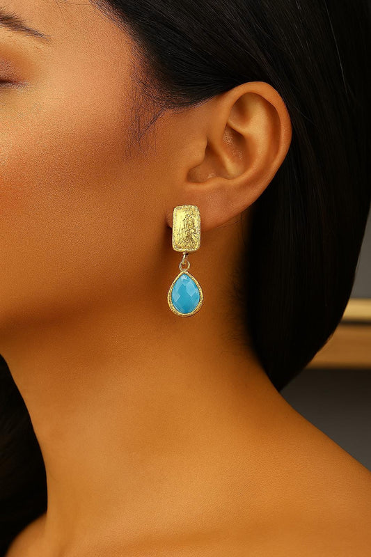 Handmade Turquoise Gemstone Stud Earrings, Elegant Teardrop Design with Faceted Blue Stone, Antique Looking Dainty Gift for Women