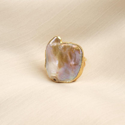 Handmade Genuine Pearl Statement, Antique Looking And Vintage Style Gold Plated Ring With Sculptural Artistic Abstract Design For Women