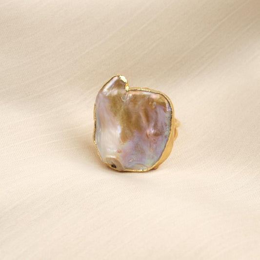 Handmade Genuine Pearl Statement, Antique Looking And Vintage Style Gold Plated Ring With Sculptural Artistic Abstract Design For Women